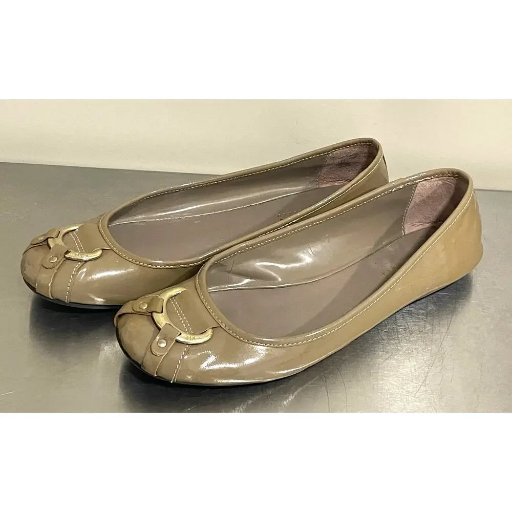 Lauren Ralph Lauren Patent Leather Tan Gold Flats Buckle Ballet Women's Sz 8.5